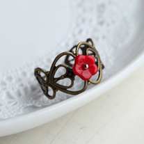 fleur ring. a romance red flower brass filigree ring