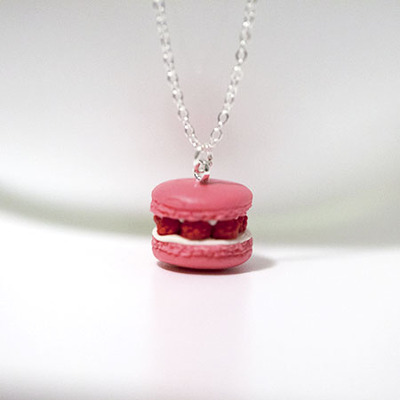 Kawaii cute miniature food necklaces - raspberry macaron with sterling silver chain