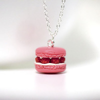 Kawaii Cute Miniature Food Necklaces - Raspberry Macaron with Sterling Silver Chain - Thumbnail 1