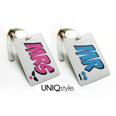 Mr and Mrs two tags pair - luggage tag, travel bag tag, name tag, id tag, suitcase tag with straps - Wedding Gift - set for two - N09