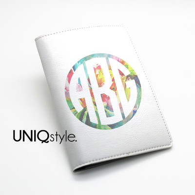 Monogram custom personalised pu leather passport holder - custom made with name initial - travel wallet with colorful flower design - i40