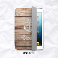 Personalized monogram name custom text smart cover for iPad mini, iPad mini 2 retina, iPad Air with back case - anchor wood print case - W13 - Thumbnail 1