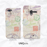 Vintage travel stamp personalized monogram custom name PU leather wallet flip case for iPhone 7, 6s, LG G6, Nexus 5X, Samsung S6 S7 S8 - Thumbnail 1