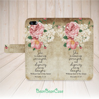 vintage flower quote flip pu leather cover case for iPhone low7/7 Plus/6s/6/5/5s/5c, moto X moto X2, galaxy S5 S6 edge Note 4 5, Proverbs 31:25 (K33) - Thumbnail 1