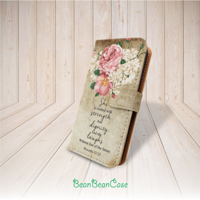 Vintage flower quote flip pu leather cover case for iphone low7/7 plus/6s/6/5/5s/5c, moto x moto x2, galaxy s5 s6 edge note 4 5, proverbs 31:25 (k33)