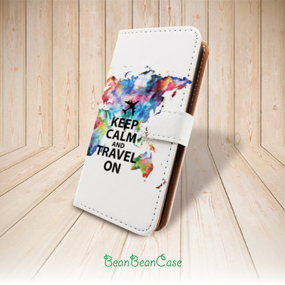 Keep calm and travel on world map flip pu leather case for iphone x/7/6s/5s/5c, samsung galaxy s5 s6 edge note 4 5, moto x moto x2, custom text (l69)