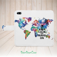 Keep Calm and Travel On world map flip pu leather case for iPhone X/7/6s/5s/5c, Samsung galaxy S5 S6 edge Note 4 5, Moto X moto X2, custom text (L69) - Thumbnail 1