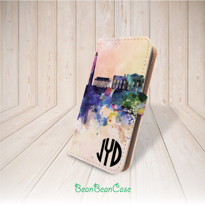 Personalized custom name flip pu leather cover case for iphone x/8/7 plus/6s/5s, google pixel, moto x2, galaxy s9 s8, note 5, colorful city (k43)