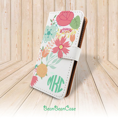 Flower wallet flip cover, monogram custom personalized case for iPhone X/7/6s/6/5/5s/5c, for moto X moto X2, samsung galaxy S5 S6 edge Note 5 4 (A57)