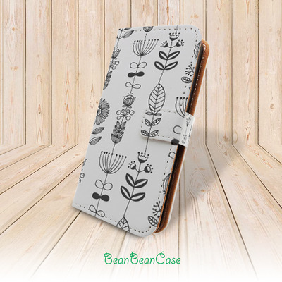 grey black flower and leaf flip pu leather cover case for iPhone 7/7 Plus/6s/6/5/5s/5c case, moto X moto X2, samsung galaxy S5 S6 edge note 4 5 (A68)