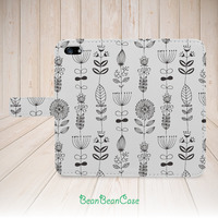 grey black flower and leaf flip pu leather cover case for iPhone 7/7 Plus/6s/6/5/5s/5c case, moto X moto X2, samsung galaxy S5 S6 edge note 4 5 (A68) - Thumbnail 1