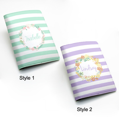 Custom Personalized flower wreath retro floral cover, PU leather Passport Holder Case -- stripe custom name monogram, many colors (K37)