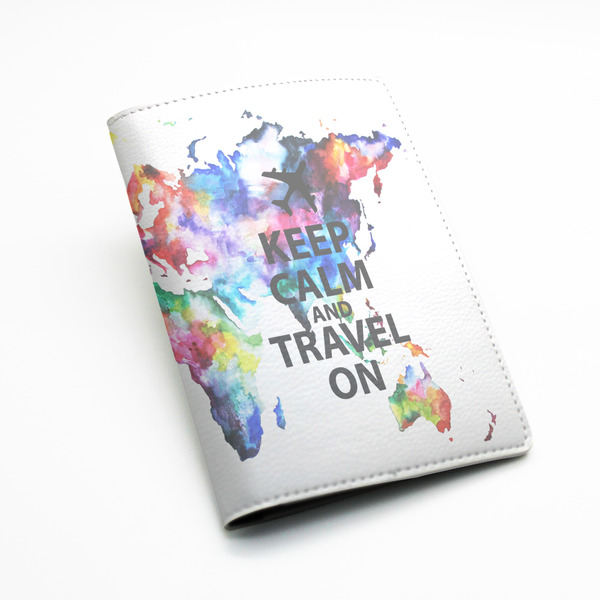 PU Leather Passport Holder Case Cover Travel Wallet -- Colorful World map design, Keep calm and travel on, or custom quote text (L69)