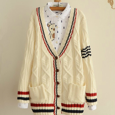 Cute college wind thicker knit v-neck cardigan sweater 
