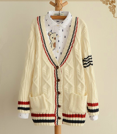 Cute College Wind thicker knit V-neck cardigan sweater 