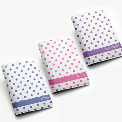 Custom Personalized PU Leather Passport Holder Case Travel Wallet Cover -- pink blue purple polka dots, custom name monogram initial