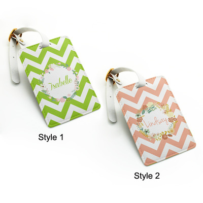 Chevron zig zag with flower wreath rose custom pu leather luggage tag, wedding favor tag, travel bag tag, personalized name monogram (k37)