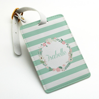 Personalised pu leather luggage tag, wedding id tag, travel tag, bag tag, flower wreath retro floral, custom name monogram, with strap (k37)