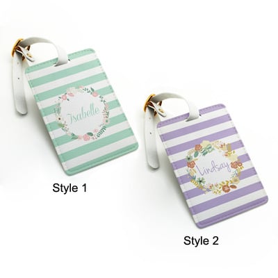 Personalised pu leather luggage tag, wedding id tag, travel tag, bag tag, flower wreath retro floral, custom name monogram, with strap (k37)