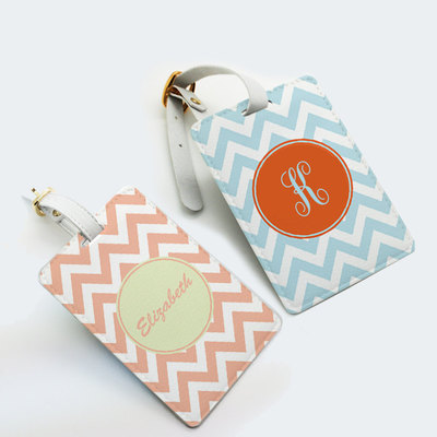 Two tags set - personalized luggage tag, school office bag tag, travel tag, chevron zigzag, custom name monogram with strap, many colors