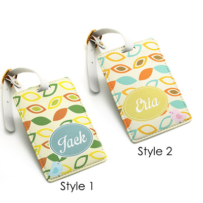 Custom made personalized pu leather luggage tag, wedding favor tag, travel bag tag, modern bird and retro leaf, monogram name tag (k39)