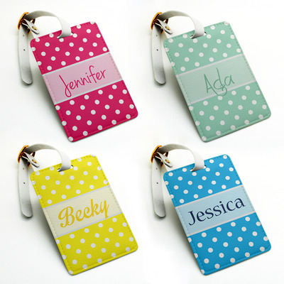 Polka dots snow custom personalized pu leather luggage tag, wedding tag, travel bag tag, party favor, custom name monogram tag (n06)