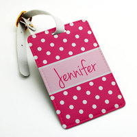 Polka dots snow custom personalized pu leather Luggage Tag, wedding tag, travel bag tag, party favor, custom name monogram tag (N06) - Thumbnail 4
