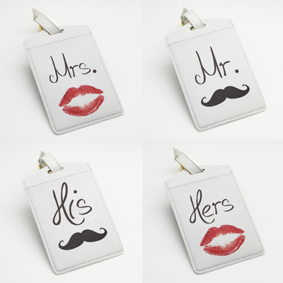 Personalized Set of Mr. and Mrs. Luggage Tags - His and Hers Luggage Tags -  Mustache Lips - Wedding Gift  - Travel Bag Tags Two tags (K23)