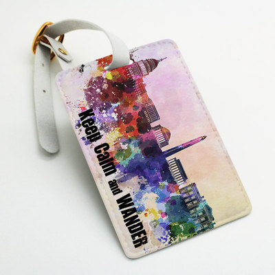 Colorful cityscape art pu leather luggage tag travel tag, keep calm and wander, bag tag, id name travel tag, custom wedding gift (k43)
