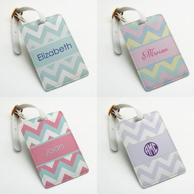 Personalised pu leather luggage tag, wedding id tag, travel tag, bag tag, chevron zigzag style, custom name monogram initial, with strap