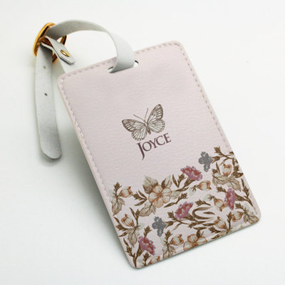 Personalised pu leather luggage tag, office tag, travel tag, school bag tag, office tag, custom name, flower and butterfly, pink (e14)