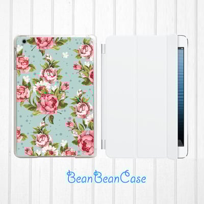 Ipad mini new ipad mini retina 2 case, ipad air case, mint blue vintage floral rose flower, back hard cover with smart cover (e06) - Thumbnail 3