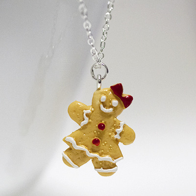 Kawaii cute miniature food necklaces - gingerbread cookies red bow with sterling silver chain