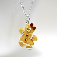 Kawaii Cute Miniature Food Necklaces - GingerBread Cookies Red Bow with Sterling Silver Chain - Thumbnail 2