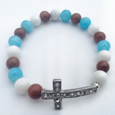 Copper, blue and white cross bracelet