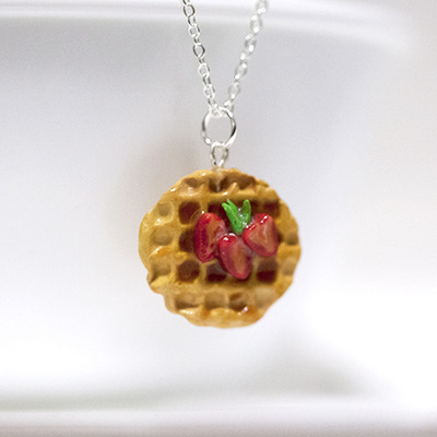 Kawaii cute miniature food necklaces - strawberry waffle with sterling silver chain