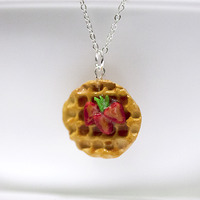 Kawaii Cute Miniature Food Necklaces - Strawberry Waffle with Sterling Silver Chain - Thumbnail 2