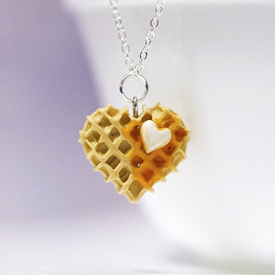 Kawaii Cute Miniature Food Necklaces - Waffle in Heart Shape with Sterling Silver Chain