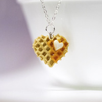 Kawaii Cute Miniature Food Necklaces - Waffle in Heart Shape with Sterling Silver Chain - Thumbnail 1