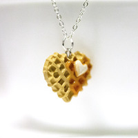 Kawaii Cute Miniature Food Necklaces - Waffle in Heart Shape with Sterling Silver Chain - Thumbnail 2