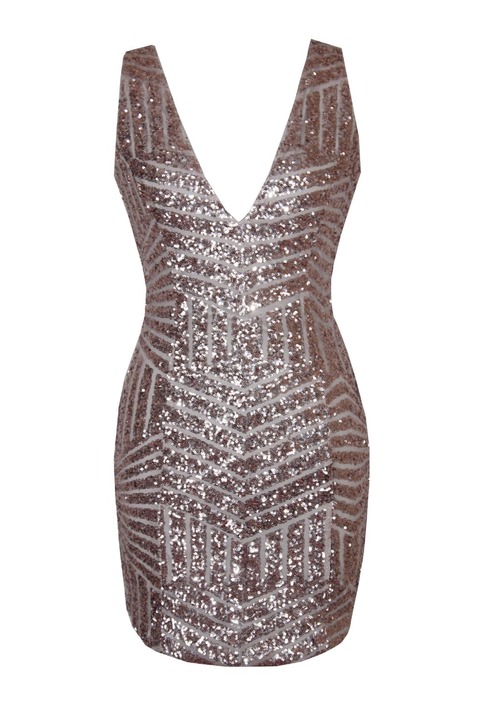 Gold Sleeveless V Geometric Sequined bodycon Dress
