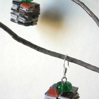 Eco Chic Earrings - Rescued Paper And Green Glass Beads - Thumbnail 3