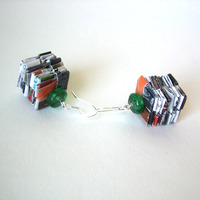 Eco Chic Earrings - Rescued Paper And Green Glass Beads - Thumbnail 4