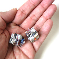 Stacked Reclaimed Paper Earrings with Light Blue Glass Beads - Thumbnail 1