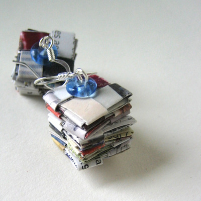 Stacked Reclaimed Paper Earrings with Light Blue Glass Beads