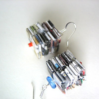 Stacked Reclaimed Paper Earrings with Light Blue Glass Beads - Thumbnail 3