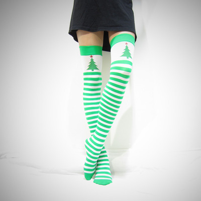 Rockin' around the christmas tree // green stripe thigh high stocking
