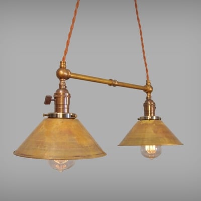 Twin pendant lamp w/ brass shades - vintage industrial ceiling fixture
