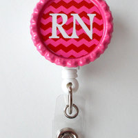 RN Chevron Pink and Red - ID Badge Reel - Name Tag Badge - Nursing Badge - Nurse Badge Clip - Thumbnail 1