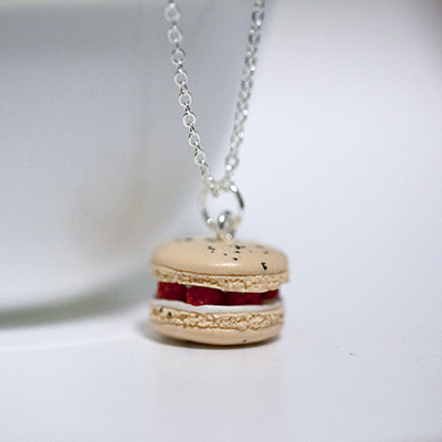 Kawaii Cute Miniature Food Necklaces - Raspberry Macaron with Cream Sterling Silver Chain